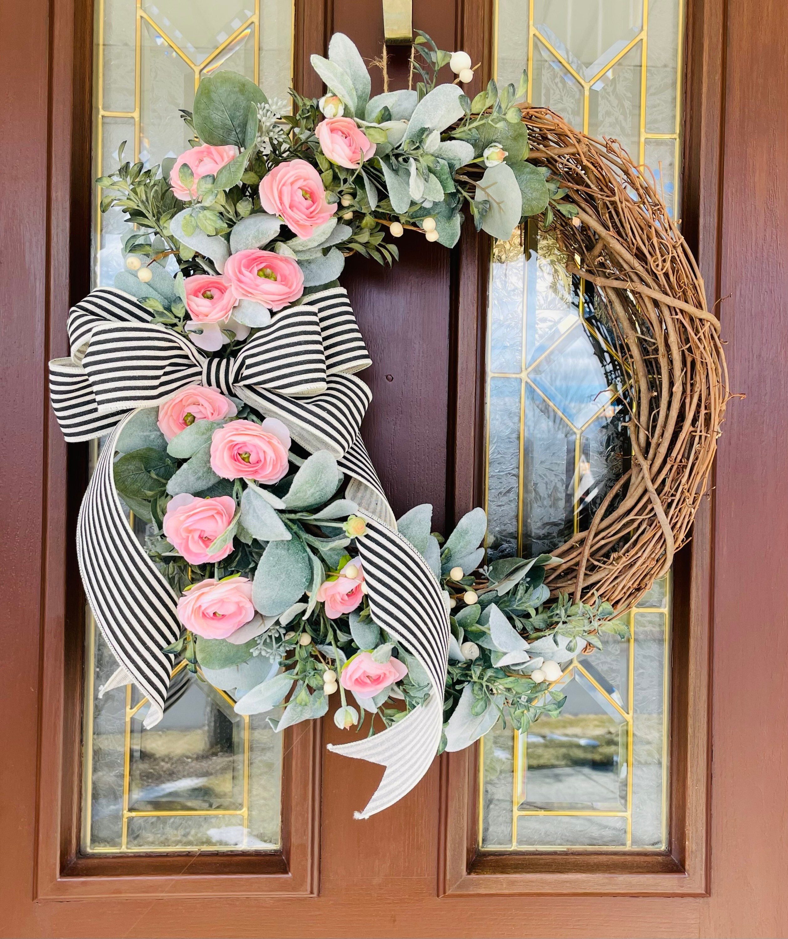 Pink Floral Wreath for Front Door, Large Spring Ranunculus Wreath