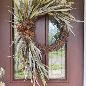 Neutral Fall Wreath, Cascading Wreath with Vine Pumpkins, Green and Copper Grass Wreath, Rustic Boho Wreath,  Modern Thanksgiving Wreath