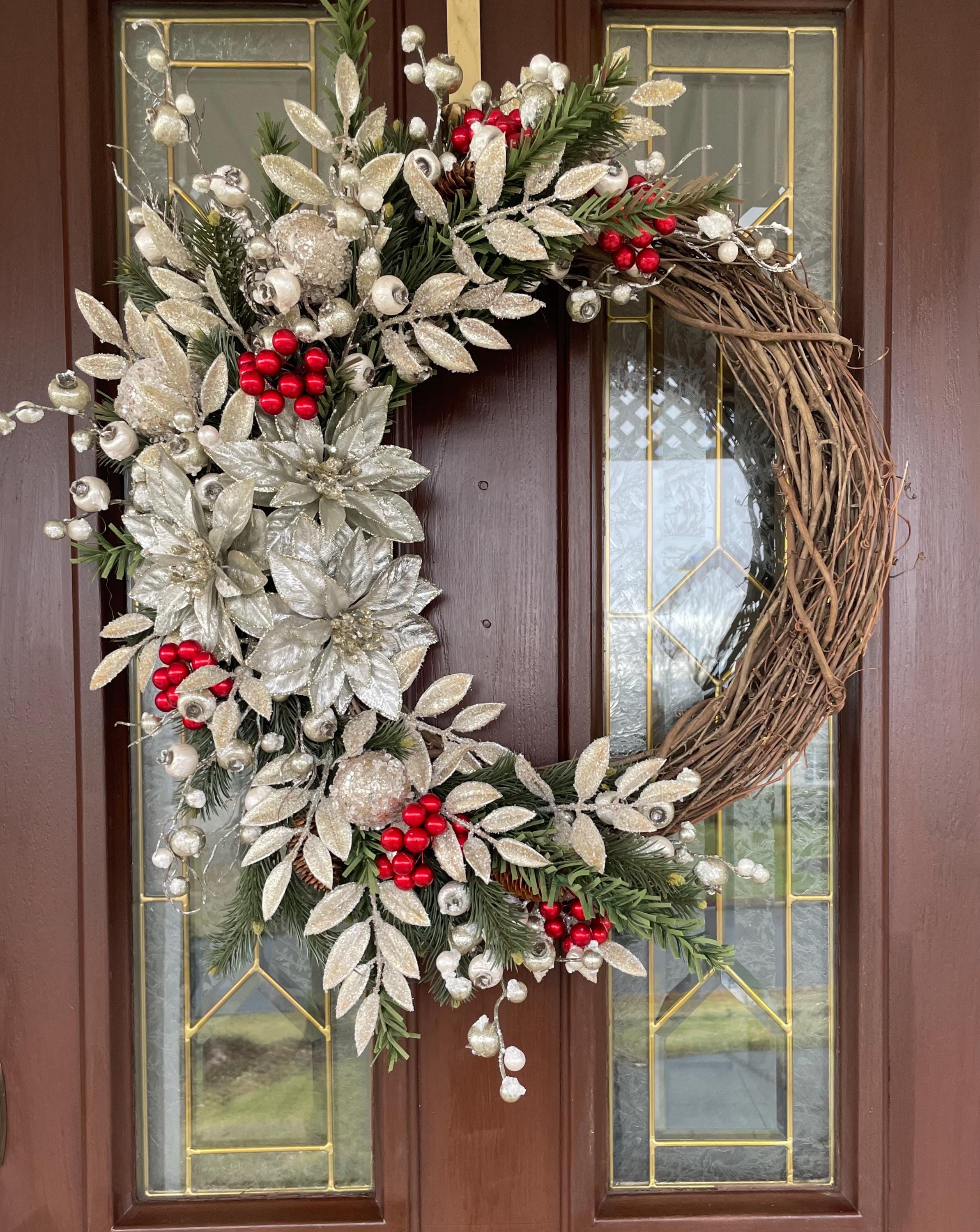Elegant Silver and Gold Winter Wreath, Poinsettia Wreath With Red Holly ...