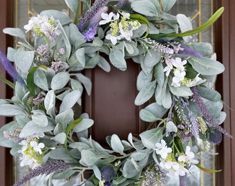 Lavender Wreath, Spring Lamb’s Ear Wreath, Purple and White Wreath, Everyday Greenery Wreath, Easter Wreath for Front Door, Gift for Mom