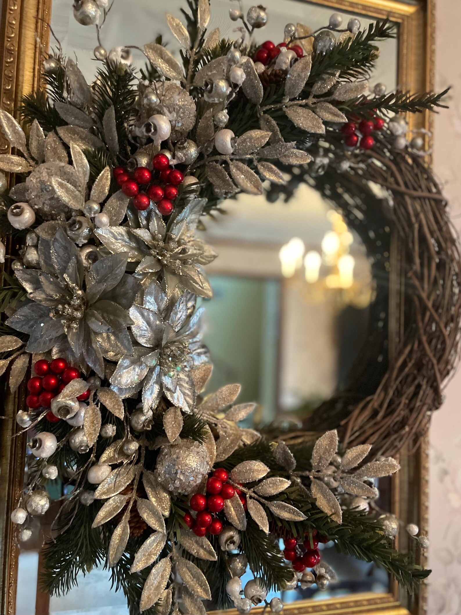 Elegant Silver and Gold Winter Wreath, Poinsettia Wreath With Red Holly ...