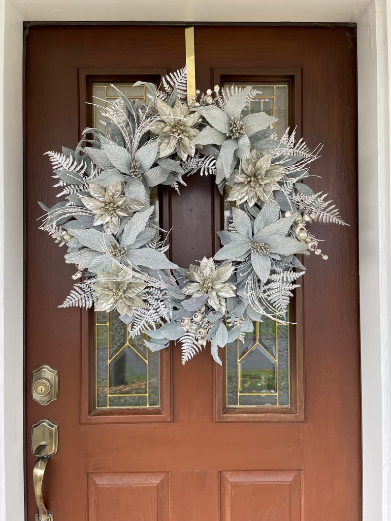 Winter Wreath for Front Door, Sea Blue Poinsettia Wreath, Elegant ...