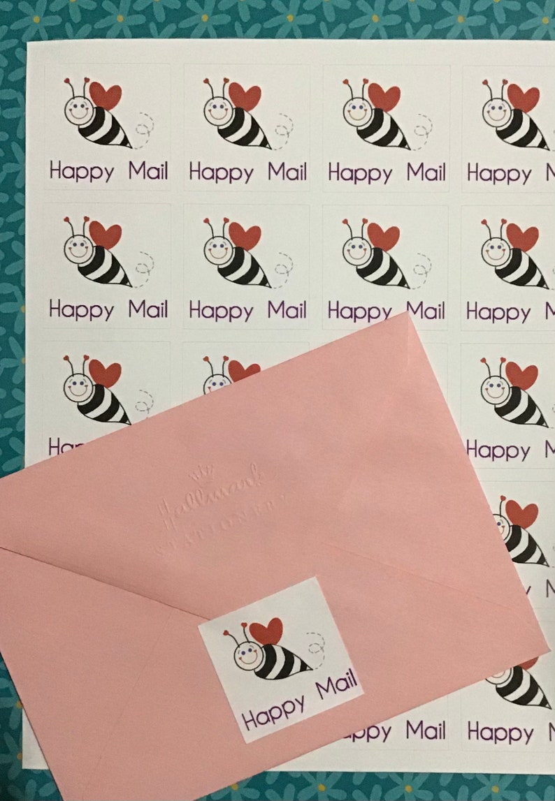 Happy Mail Valentine Bumble Bee Stickers for Packages and Envelopes