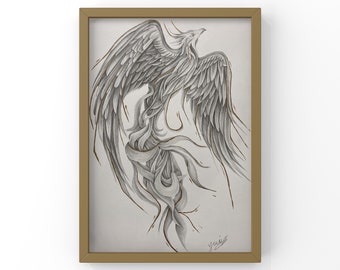 A4 Greek Phoenix Poster Print, Hand drawn and embellished with Gold Paint.