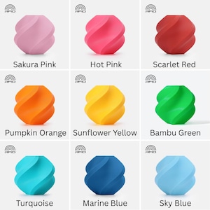 May include: A grid of nine twisted, spherical objects featuring RFID technology. Colors include Sakura Pink, Hot Pink, Scarlet Red, Pumpkin Orange, Sunflower Yellow, Bambu Green, Turquoise, Marine Blue, and Sky Blue, each labeled with its color name.
