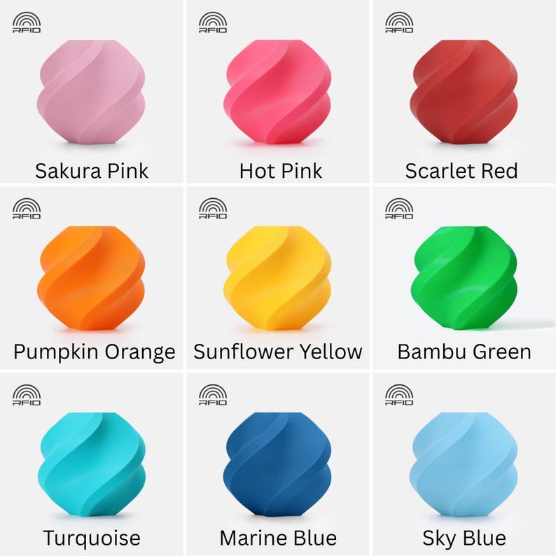 May include: A grid of nine twisted, spherical objects featuring RFID technology. Colors include Sakura Pink, Hot Pink, Scarlet Red, Pumpkin Orange, Sunflower Yellow, Bambu Green, Turquoise, Marine Blue, and Sky Blue, each labeled with its color name.