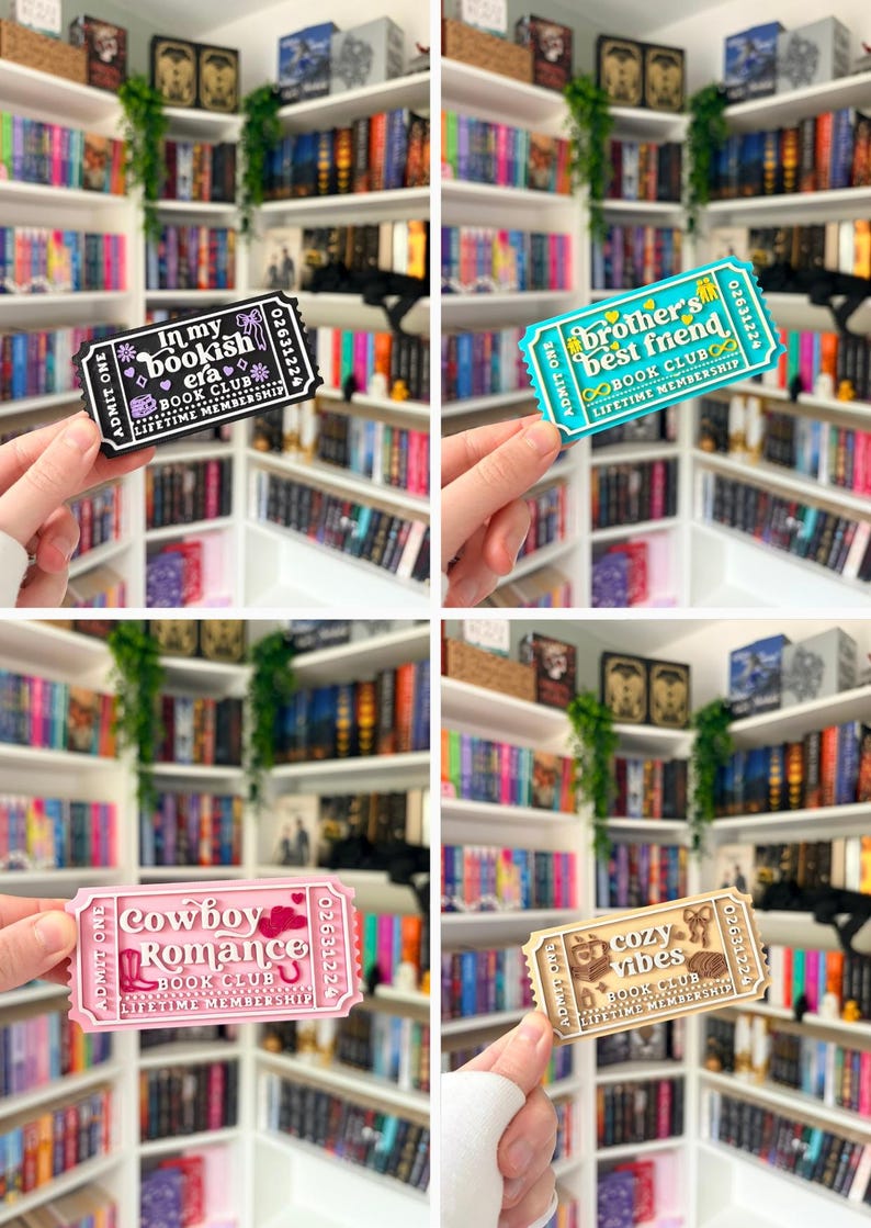 May include: A collection of four rectangular ticket-shaped bookmarks featuring book club themes. The black ticket reads In my bookish era, the teal ticket reads brother's best friend, the pink ticket reads cowboy romance, and the tan ticket reads cozy vibes.