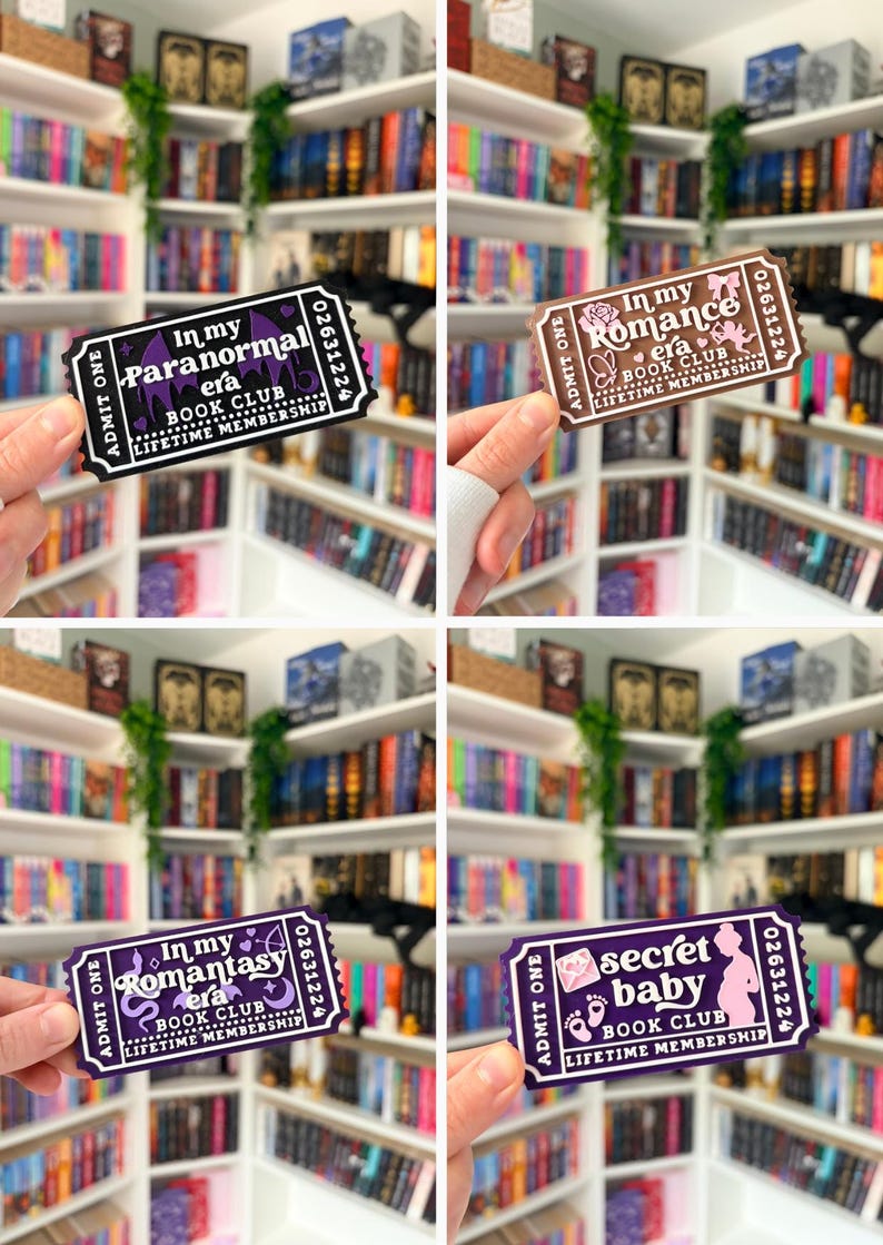 May include: Four rectangular ticket-shaped bookmarks featuring book club themes. The designs include text reading In my Paranormal era, In my Romance era, In my Romantasy era, and secret baby, each with unique icons and the text Lifetime Membership.