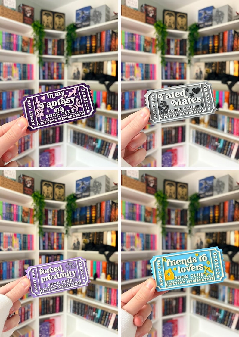 May include: Four rectangular ticket-shaped items featuring book club themes. The purple ticket reads In my Fantasy era, the silver ticket reads Fated Mates, the light purple ticket reads forced proximity, and the blue ticket reads friends to lovers.