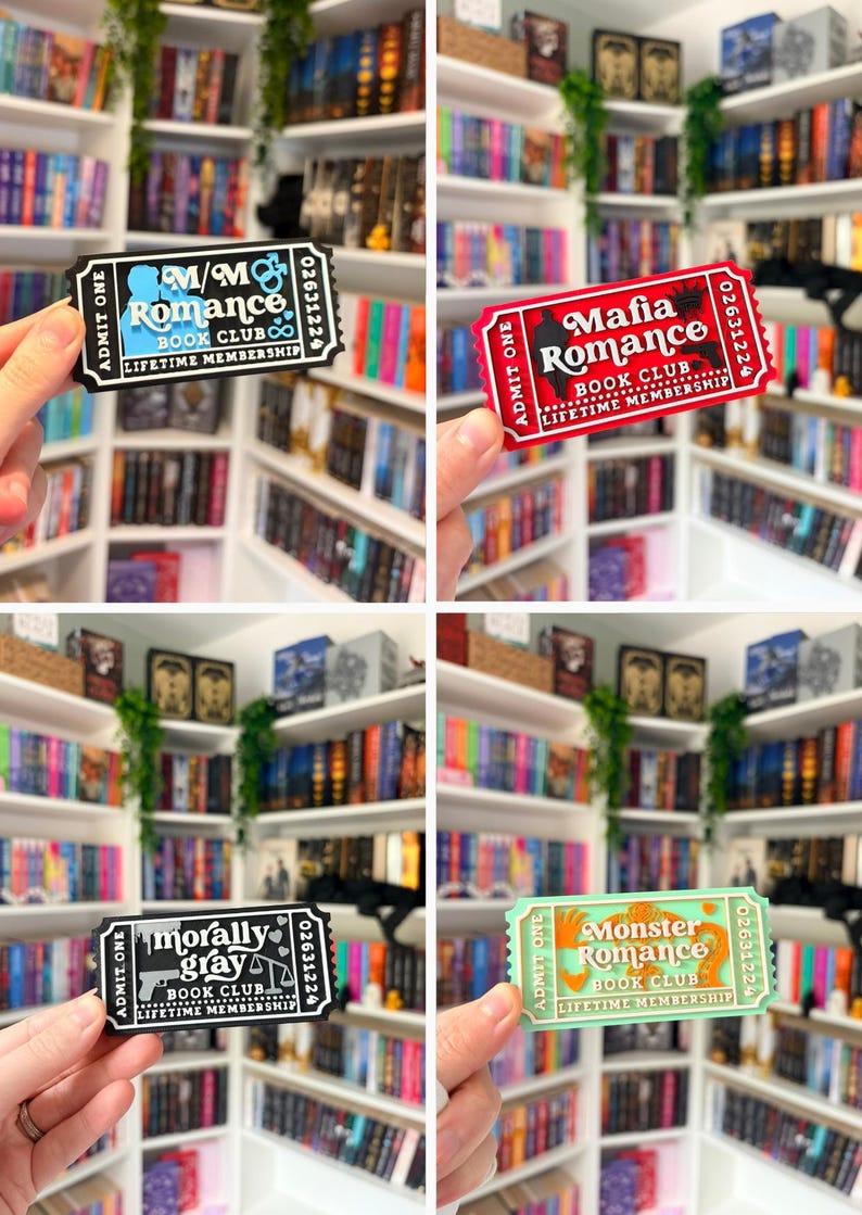 May include: A collection of four rectangular admission tickets for book clubs. The tickets feature distinct designs: M/M Romance in blue and black, Mafia Romance in red and white, Morally Gray in black and white, and Monster Romance in light green and orange.