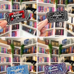 May include: A collection of four rectangular admission tickets featuring book club themes. The tickets display text including In my Thriller era, In my Villain era, In my Werewolf era, and Why choose, with various graphic icons like skulls, knives, and moons.