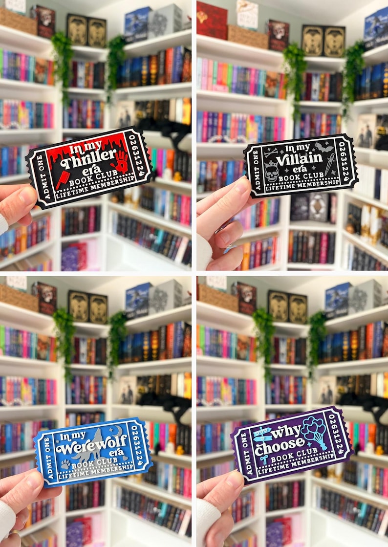 May include: A collection of four rectangular admission tickets featuring book club themes. The tickets display text including In my Thriller era, In my Villain era, In my Werewolf era, and Why choose, with various graphic icons like skulls, knives, and moons.