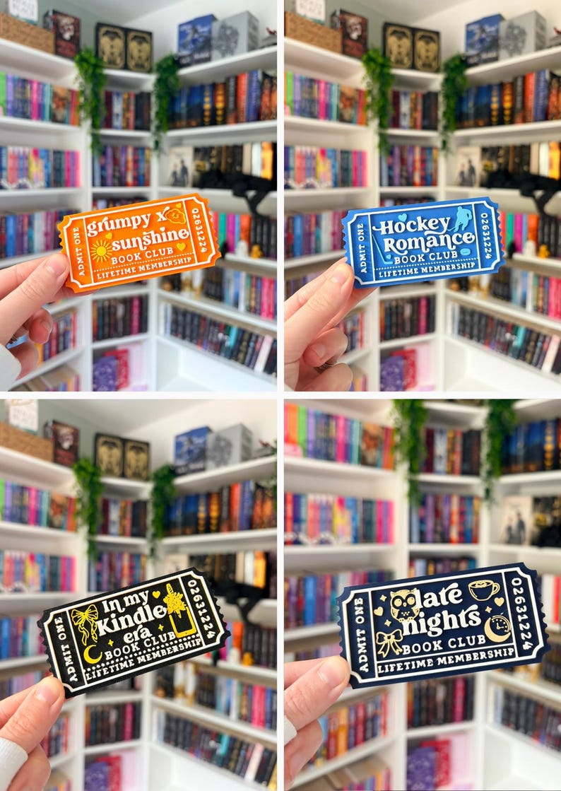 May include: Four rectangular admission tickets with rounded corners, featuring book club themes. Colors include orange, blue, black, and dark blue with white text. Each ticket displays 'ADMIT ONE', a unique title, and 'LIFETIME MEMBERSHIP'.