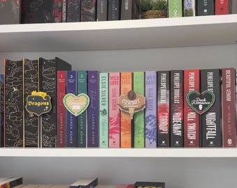 Bookshelf Genre Sign with Hidden Slot Support – Dragons, Vampires, Romance, Dark Romance & Cowboys