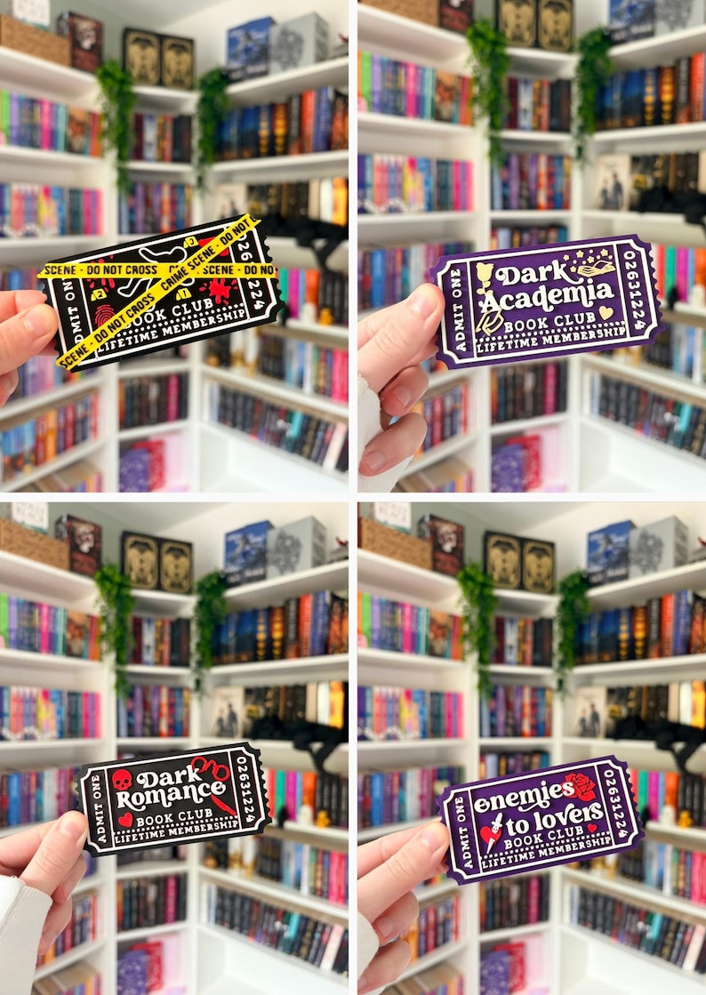 May include: Four rectangular paper tickets for a book club lifetime membership. One is black with yellow crime scene tape, one is purple with Dark Academia text, one is black with Dark Romance text, and one is purple with Enemies to Lovers text.