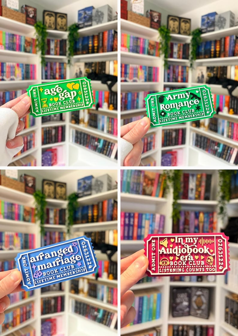 May include: A collection of four rectangular ticket-shaped stickers. One is green with 'age gap BOOK CLUB', one is green with 'Army Romance BOOK CLUB', one is blue with 'arranged marriage BOOK CLUB', and one is pink with 'In my Audiobook era BOOK CLUB'.