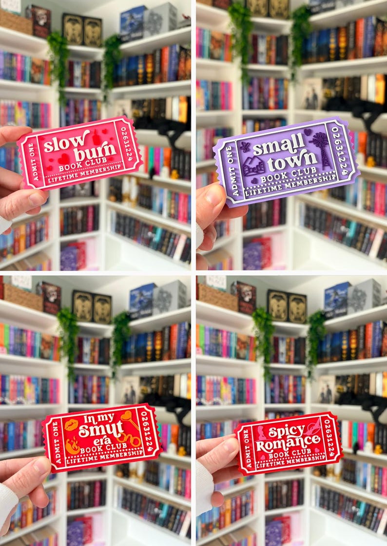 May include: A collection of four rectangular plastic tickets featuring book club themes. The pink ticket reads slow burn, the purple ticket reads small town, the red ticket reads In my smut era, and the other red ticket reads spicy romance.