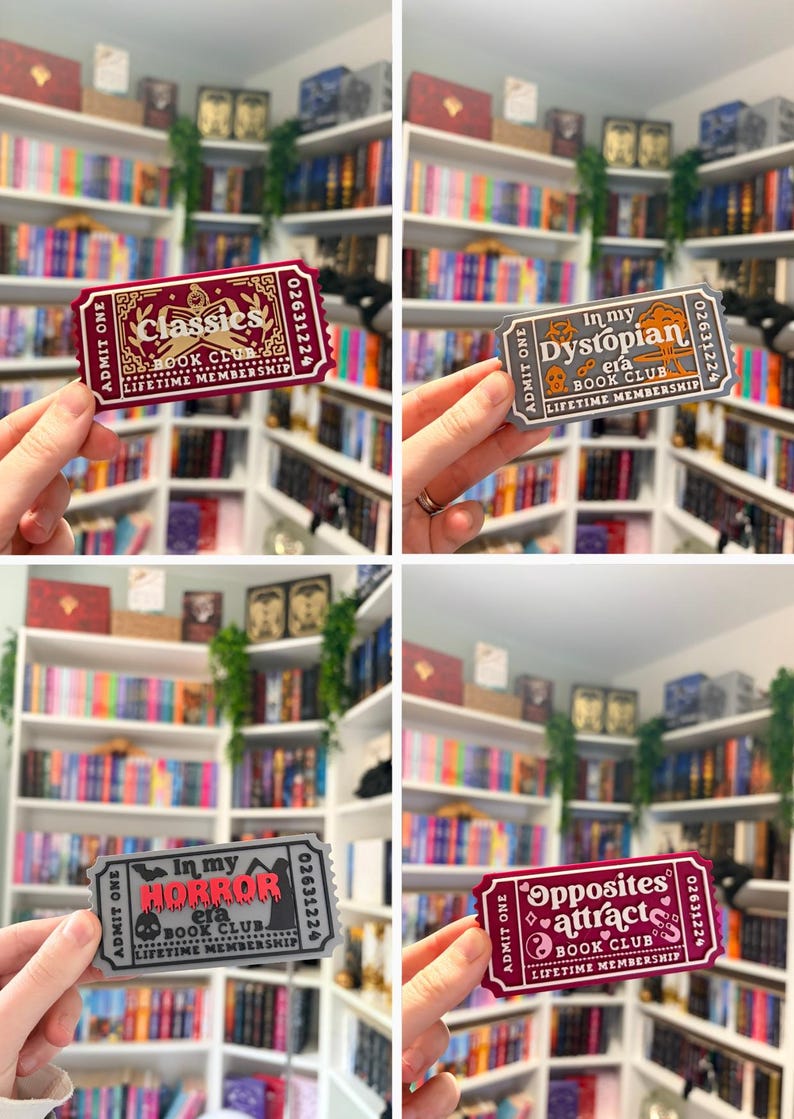 May include: Four rectangular stickers shaped like admission tickets. One is maroon with gold text reading Classies Book Club. One is grey with orange text reading In my Dystopian era Book Club. One is grey with red text reading In my Horror era Book Club. One is maroon with white text reading Opposites attract Book Club.