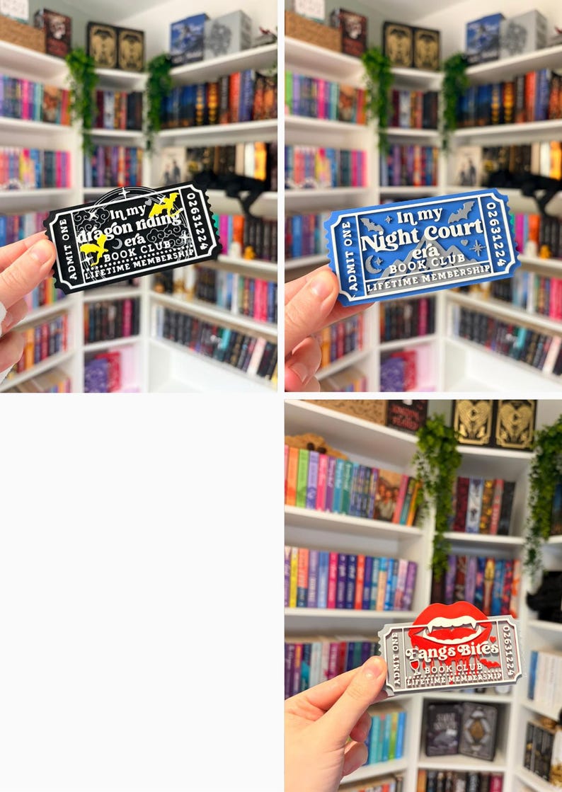 May include: A collection of three rectangular ticket-shaped bookmarks featuring book club themes. One is black with yellow dragon graphics, one is blue with white mountain and bat motifs, and one is white with a red pair of vampire fangs and blood drops.