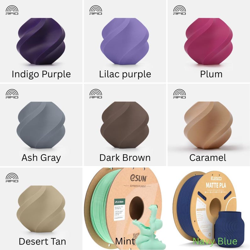 May include: A collection of 3D printed vases in various colors including indigo purple, lilac purple, plum, ash gray, dark brown, caramel, desert tan, mint, and navy blue. Each vase features a spiraling, twisted geometric design.