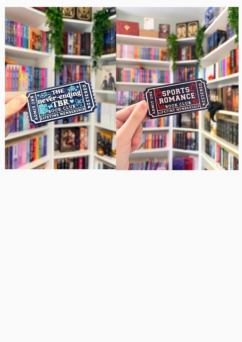 May include: Two rectangular stickers shaped like admission tickets. One is dark blue with white text reading The never-ending TBR BOOK CLUB LIFETIME MEMBERSHIP. The other is dark blue with white and red text reading SPORTS ROMANCE BOOK CLUB.