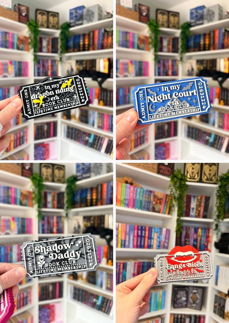 May include: A collection of four rectangular ticket-shaped bookmarks featuring various book club themes. Each ticket displays the text 'ADMIT ONE', a unique club name, 'BOOK CLUB', and 'LIFETIME MEMBERSHIP' with a serial number 02631224 on the right side.