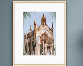 Impresión artística de iglesia rústica: pintura de catedral con espátula