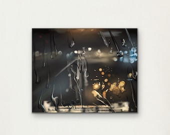 Rainy Night City Lights Art Print: Moody Window View