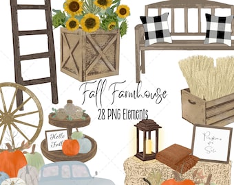Fall Clipart, Watercolor Fall Farmhouse PNG Clipart, Autumn, Harvest, Clipart, Halloween, Thanksgiving, Rustic, Stickers, Commercial Use