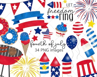 Watercolor 4th of July Clipart, July Fourth Clipart, Patriotic Clipart, Independence Day, American Flag, USA, Banner, BBQ, Commercial Use