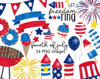 Watercolor 4th of July Clipart, July Fourth Clipart, Patriotic Clipart, Independence Day, American Flag, USA, Banner, BBQ, Commercial Use