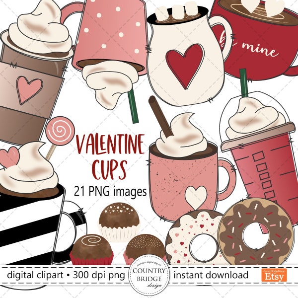 Valentine Clipart, Valentine Cups PNG Clipart, Valentine Coffee Sublimation, Valentine Mug, Valentine Doodle Clipart, Hot Cocoa, Commercial