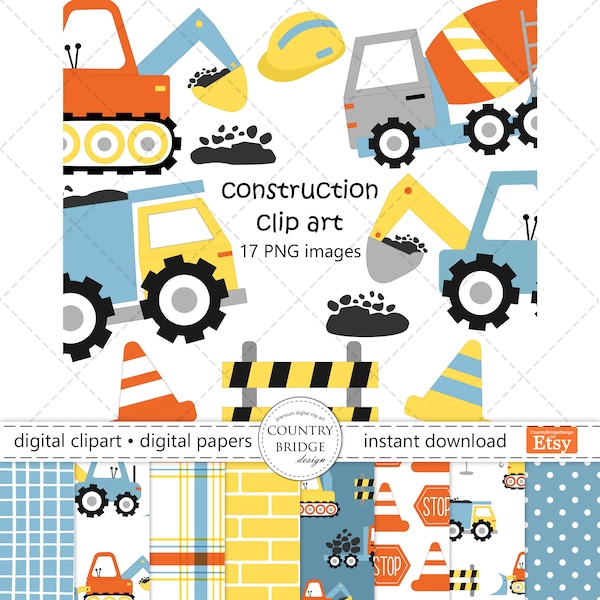 Construction Clipart & Digital Paper Bundle, Construction Vehicles PNG, Tractor, Diggers, Trucks, Dump Truck, Nursery Print, Commercial Use