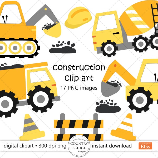 Construction Clipart, Construction Vehicles PNG, Tractor, Diggers, Trucks, Bulldozer, Cement Truck, Crane, Dump Truck, Commercial Use