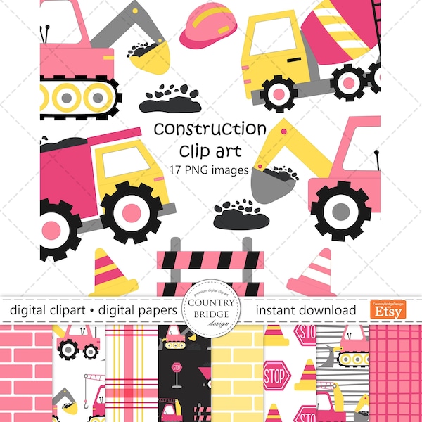 Pink Construction Clipart & Digital Paper Bundle, Construction Vehicles PNG, Tractor, Diggers, Trucks, Dump Truck, Commercial Use