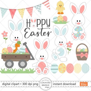 Clipart PNG coniglietto pasquale, PNG clip art di Pasqua, coniglietti, pulcino, uova di Pasqua, erba, stendardo, cestino, carro, uso commerciale, download istantaneo