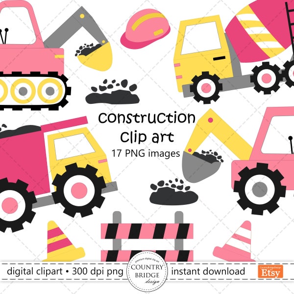 Pink Construction Clipart, Construction Vehicles PNG, Tractor, Diggers, Trucks, Bulldozer, Cement Truck, Crane, Dump Truck, Commercial Use