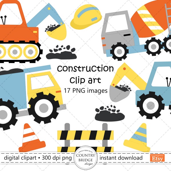 Construction Clipart, Construction Vehicles PNG, Tractor, Diggers, Trucks, Bulldozer, Cement Truck, Crane, Dump Truck, Commercial Use