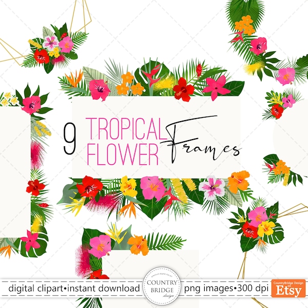 Cadres de fleur tropicale, cadre de fleur et couronne, clipart floral d’aquarelle d’été, clipart de fleurs de mariage, utilisation commerciale, téléchargement instantané