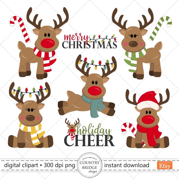 Christmas Reindeer Clipart, Christmas Clip Art, Cute Reindeer Graphics, Reindeer PNG, Commercial Use, Instant Download