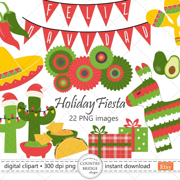 Christmas Fiesta PNG Clipart, Feliz Navidad PNG, Christmas Cactus & Pinata Graphics, Mexican Fiesta Christmas Party Clipart, Commercial Use