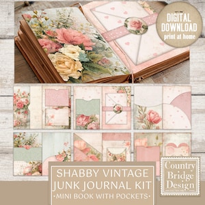 May include: A digital download junk journal kit with a shabby vintage theme. The kit includes a mini book with pockets, featuring floral and heart designs in shades of pink, cream, and green. The image also shows a book with floral illustrations and an envelope.