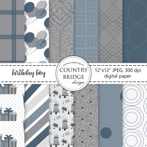 Birthday Boy Digital Paper, Blue and Silver Birthday Background, Commercial Use, Instant Download