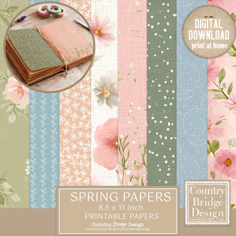 Springy Paper Spring Paper Pack, Junk Journal Paper Pack, Shabby Printable Papers ...