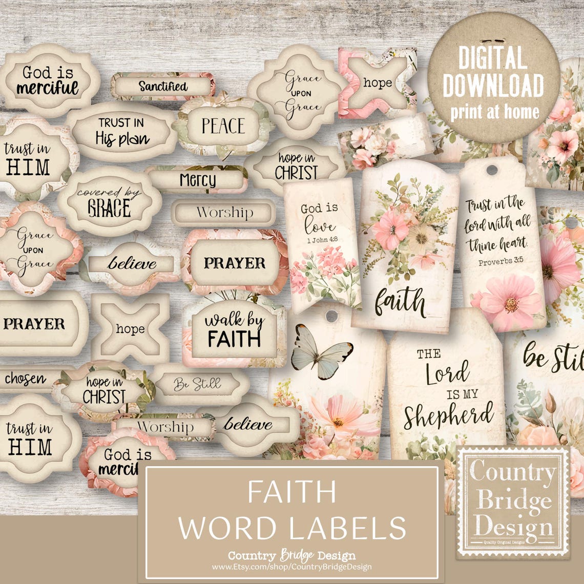 Faith Word Labels, Junk Journal Inspirational Word Labels, Bible ...