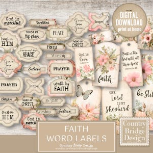 Faith Word Labels, Junk Journal Inspirational Word Labels, Bible Journaling Printable, Christian Junk Journal Labels, Scripture Fussy Cuts
