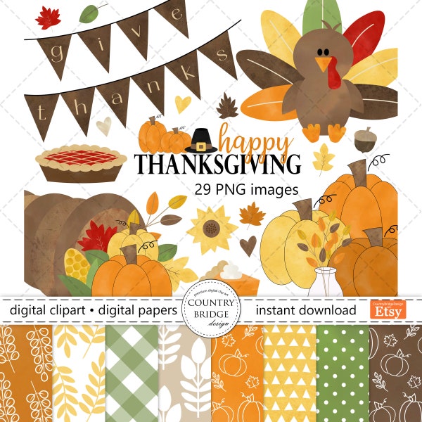 Fall Thanksgiving Clipart & Digital Paper Bundle, Watercolor Autumn Clipart, Fall Harvest, Turkey Cornucopia Pumpkins Leaves, Commercial Use