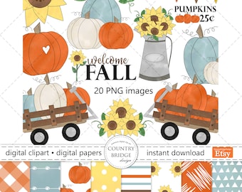 Fall Pumpkin Clipart & Digital Paper Bundle, Pumpkin Clipart, Autumn PNG, Harvest, Sunflower, Farmhouse, Fall Background, Commercial Use