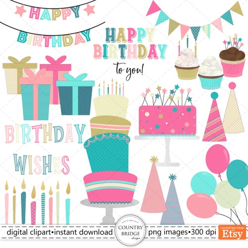 Birthday Girl Clipartpink and Teal Birthday Cake Gifts Etsy