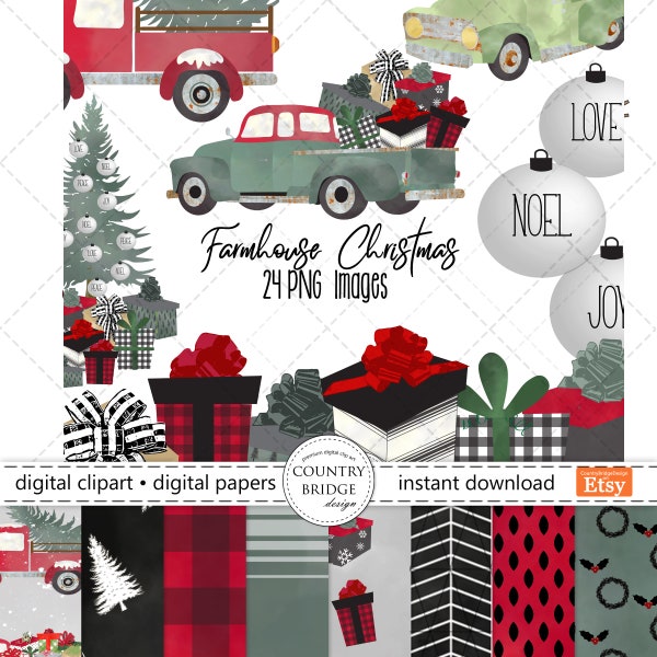 Christmas  Farmhouse Clipart & Digital Paper Bundle, Watercolor Farm Truck, Sleigh, Tree, Christmas Clipart, Commercial Use,Instant Download